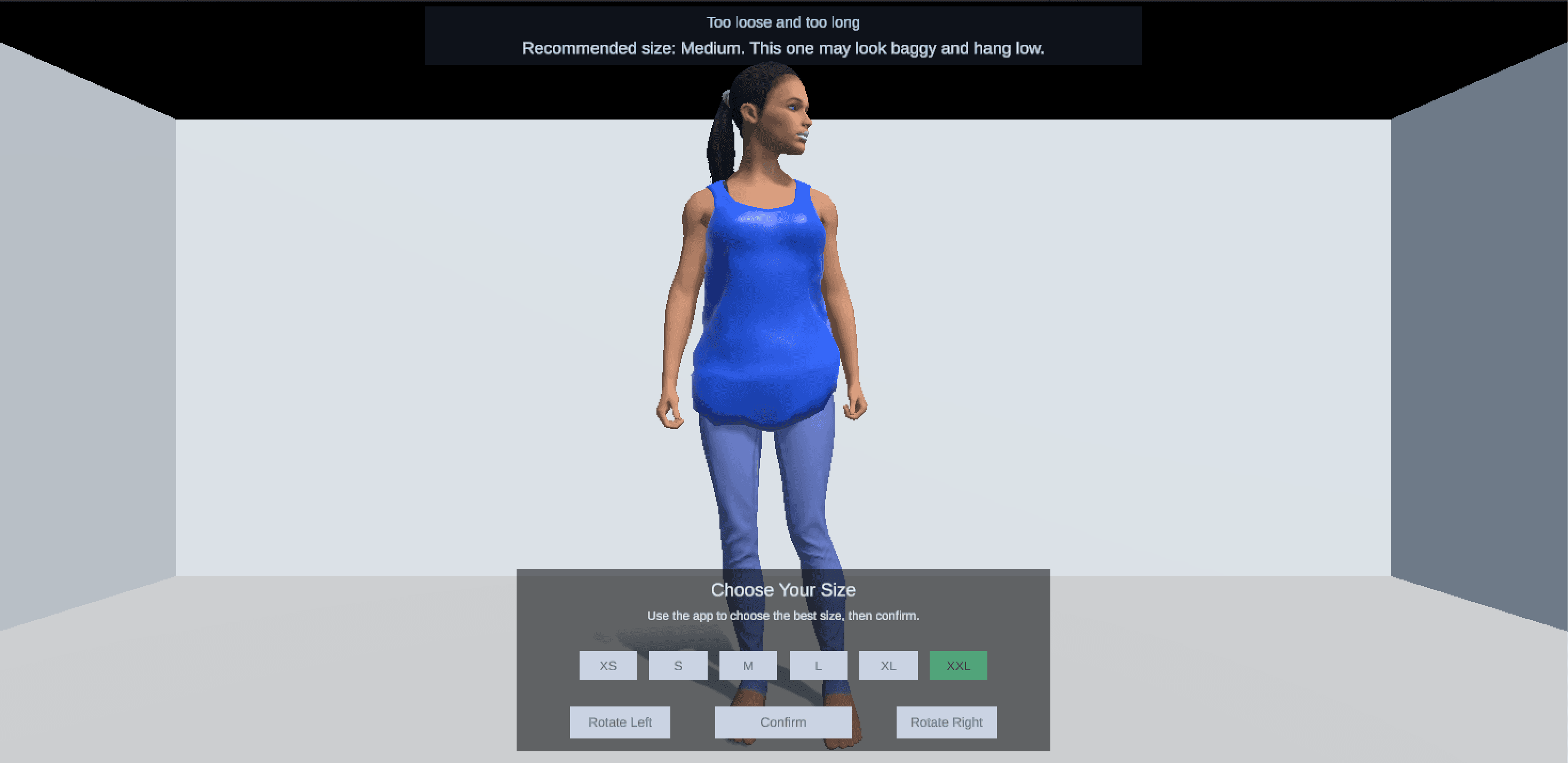 Alternate garment SizeCompare prototype screen